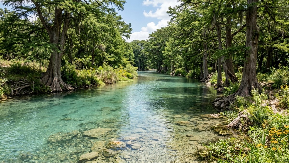The Comal River in New Braunfels in summer, clear shallow water, cypress trees on the banks, natural daylight.