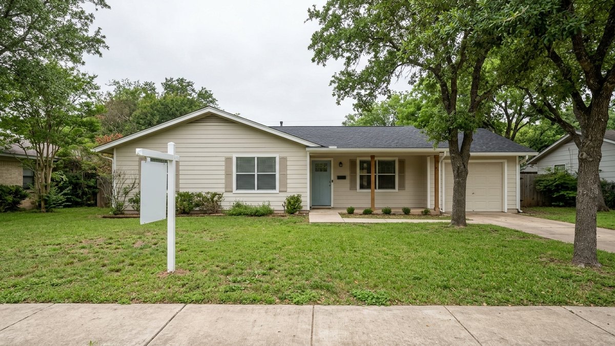 Active for-sale sign on the front lawn of a typical New Braunfels home, mid-day overcast.