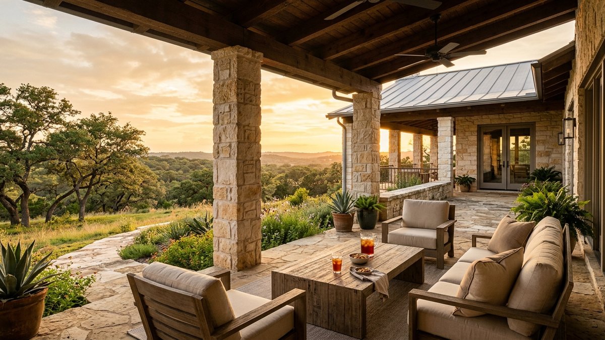 Covered patio with seating and a view of the Hill Country.