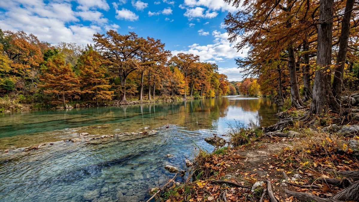 Hill Country fall color along the Comal River - cypress trees turning rust and gold, blue sky.