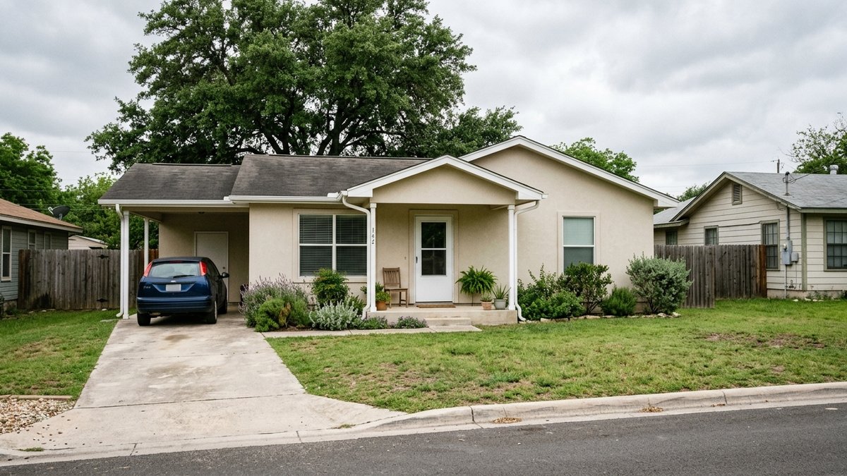 Documentary starter home exterior in New Braunfels. Used for entry-price buyer posts.