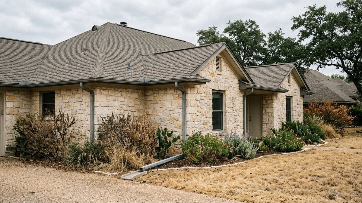Stone house with a gray shingle roof, gutters, and drought-tolerant landscaping.