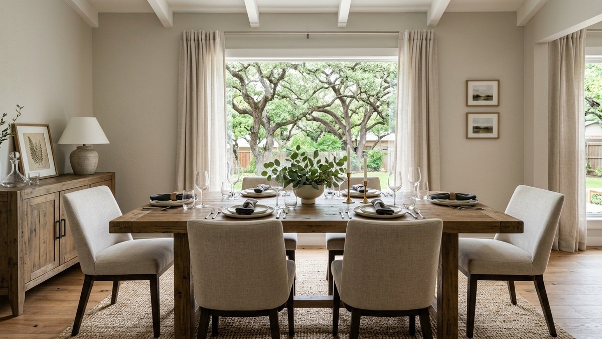 Natural staged dining room in a New Braunfels home.