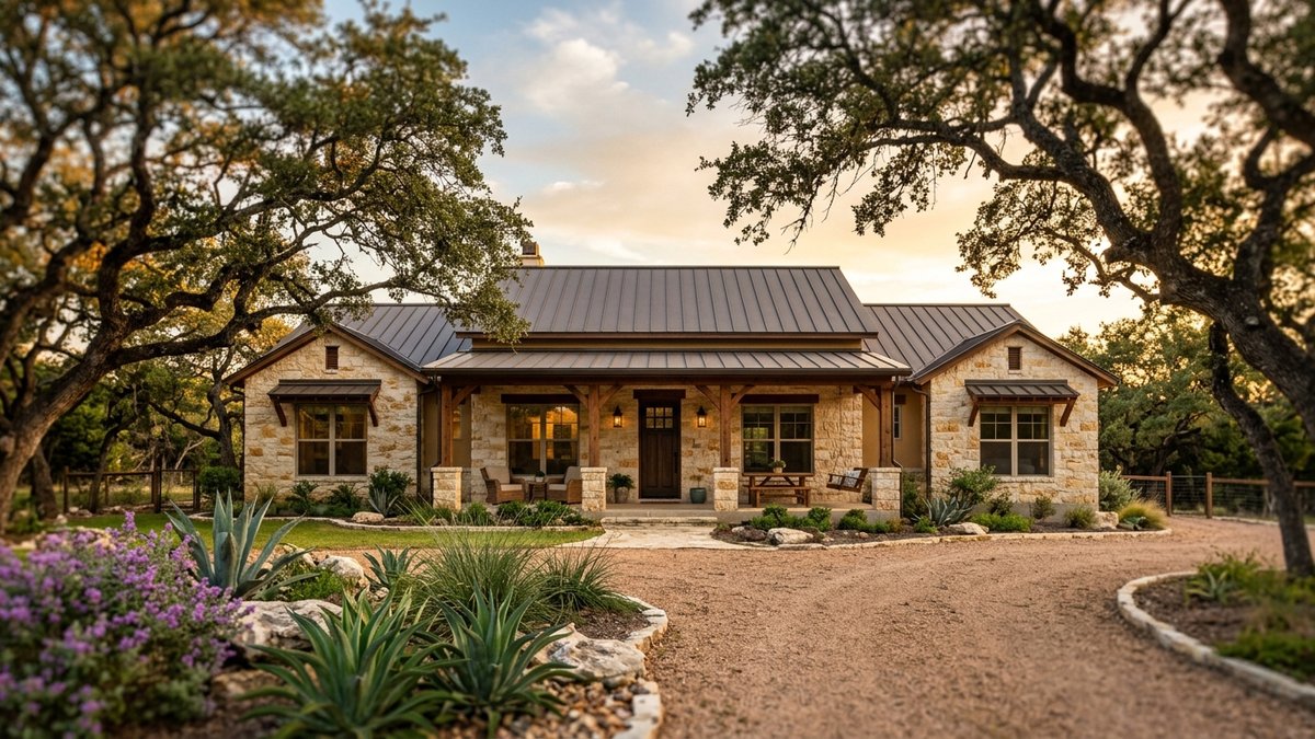 Photorealistic Texas Hill Country ranch-style home with limestone exterior and metal roof, mature live oaks framing the front, late-afternoon sun.