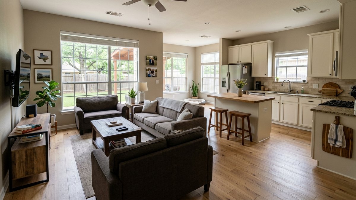 Open-concept living room and kitchen of a typical New Braunfels home, neutral colors, natural daylight through windows.