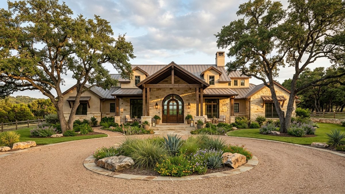 Custom luxury Hill Country estate with circular drive, mature oaks, stone and stucco, late-afternoon golden light.