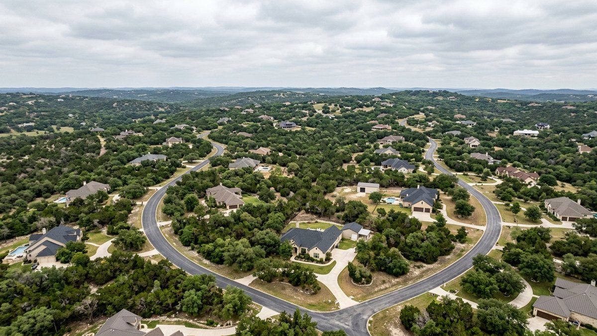 Documentary aerial of Garden Ridge acreage lots.