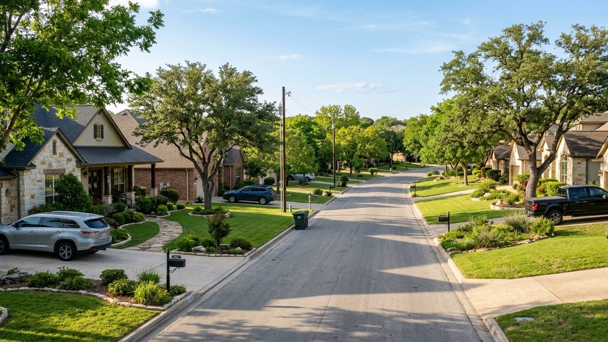 Copper Ridge neighborhood in New Braunfels - established residential street with mature trees and varied homes, casual daylight.
