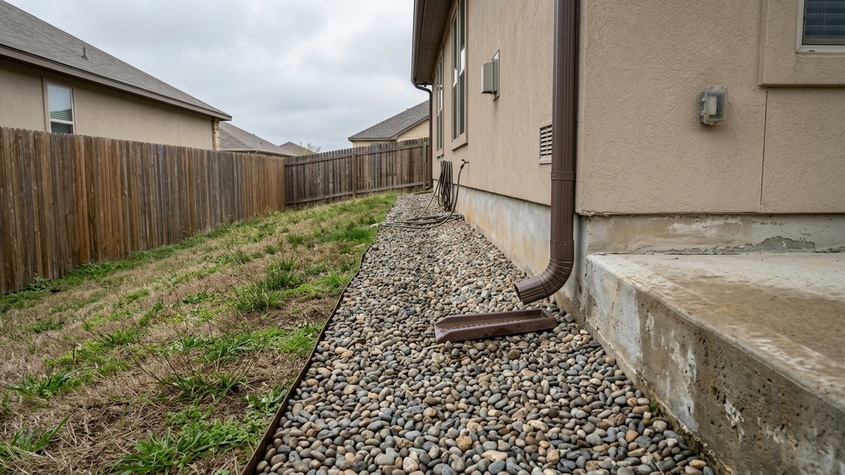 Documentary exterior foundation and drainage context.