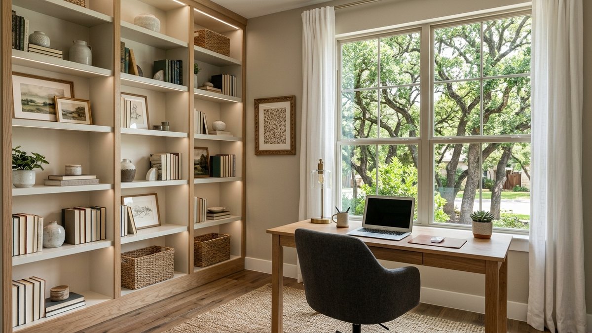 Natural home office in a New Braunfels move-up home. Used for buyer and seller feature posts.