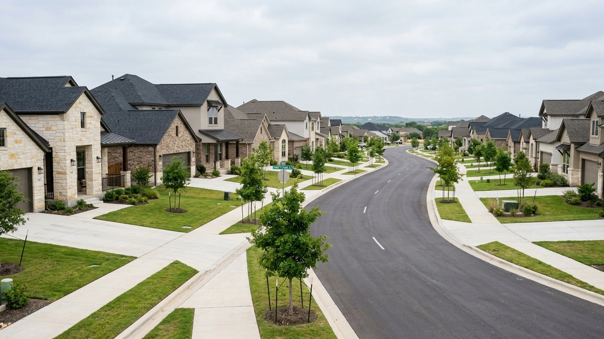 Documentary view of a newer master-planned New Braunfels street with recently built homes and young landscaping. Used for neighborhood and market posts.