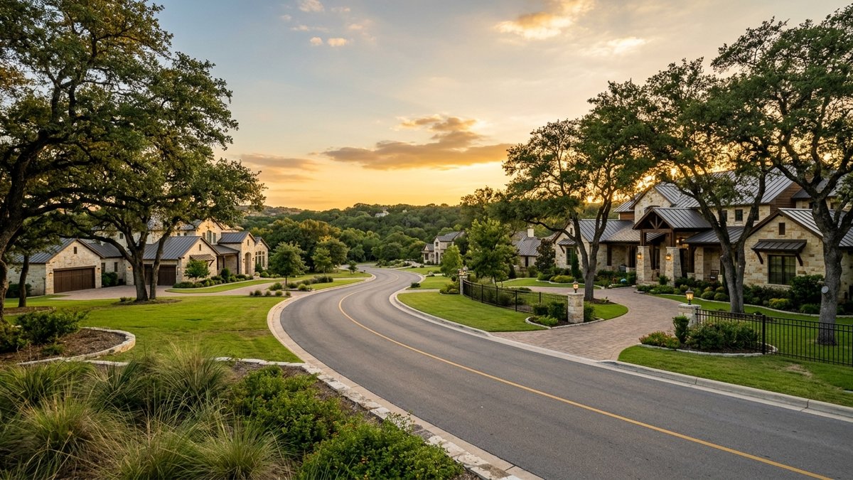 Editorial Copper Ridge style luxury neighborhood road.
