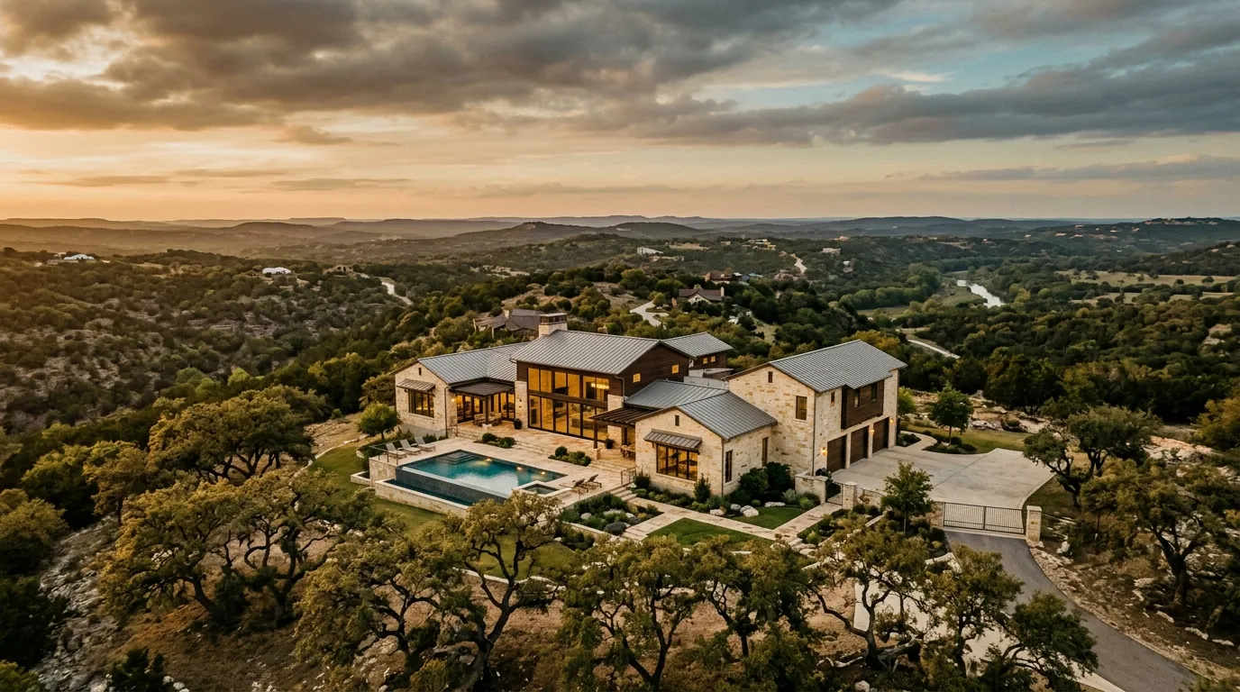 Luxury Texas Hill Country estate at golden hour